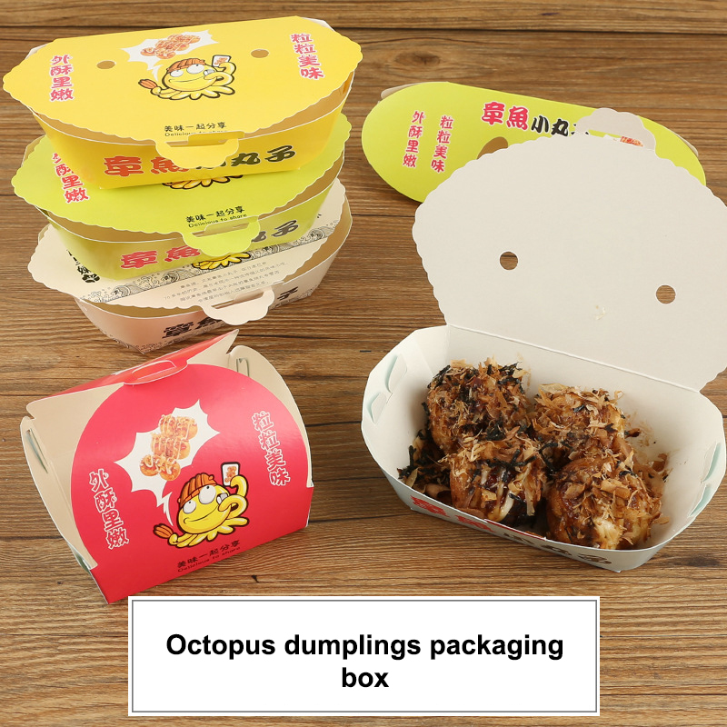Japanese Snacks - กล่องบรรจุภัณฑ์ทาโกะยากิแบบใช้แล้วทิ้งลายการ์ตูนรูปปลาหมึก 100 ชิ้น สำหรับอาหารญี่ปุ่นแบบสตรีทฟู้ด ขนมทานเล่นแบบนำกลับบ้าน กล่องใส่อาหารสำหรับงานปาร์ตี้